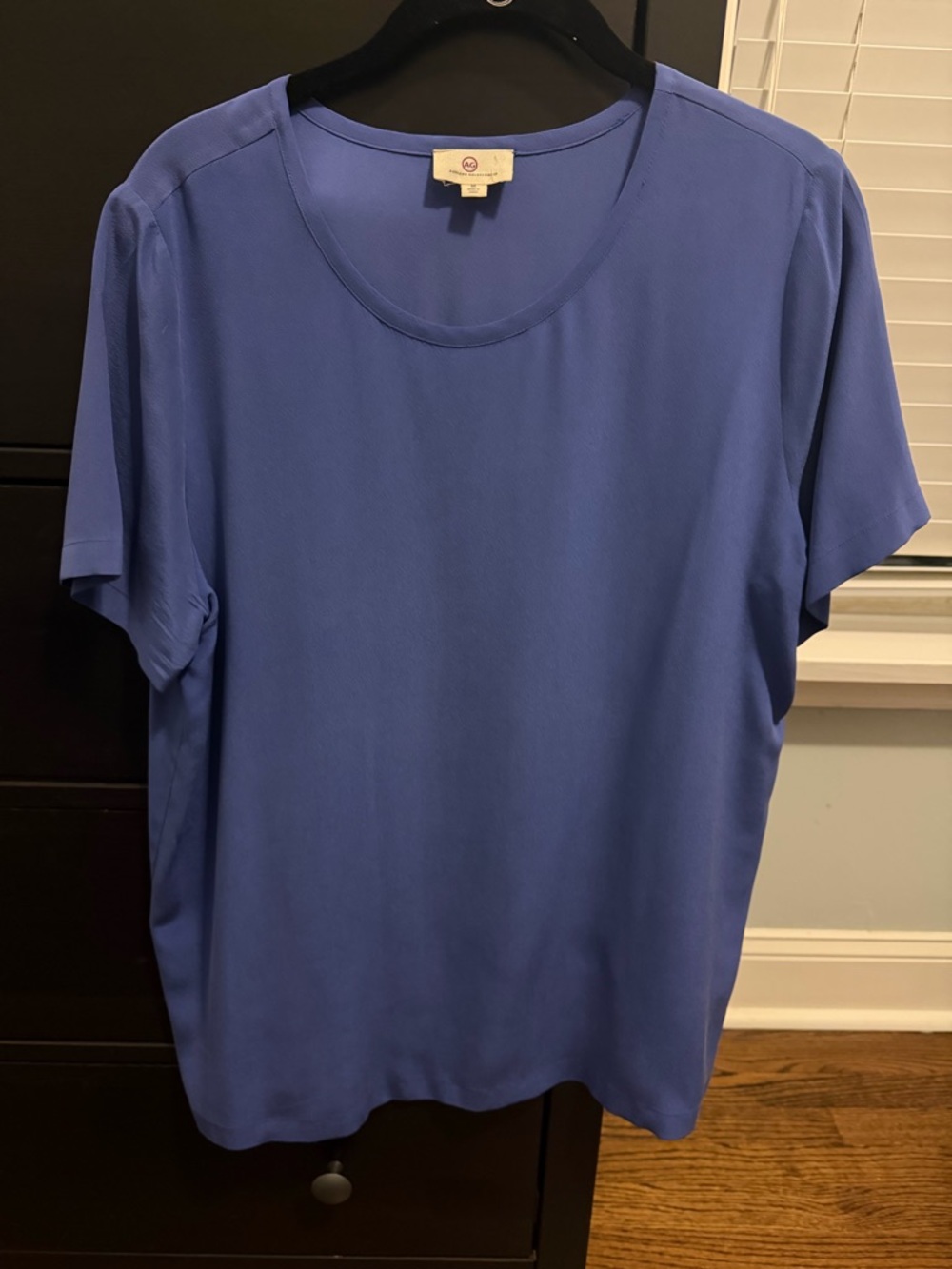 Blue Short Sleeve Scoop Neck Silk Blouse